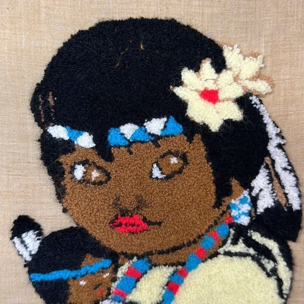 Vintage Punch Needle Native American Girl with Child‎ Framed Picture